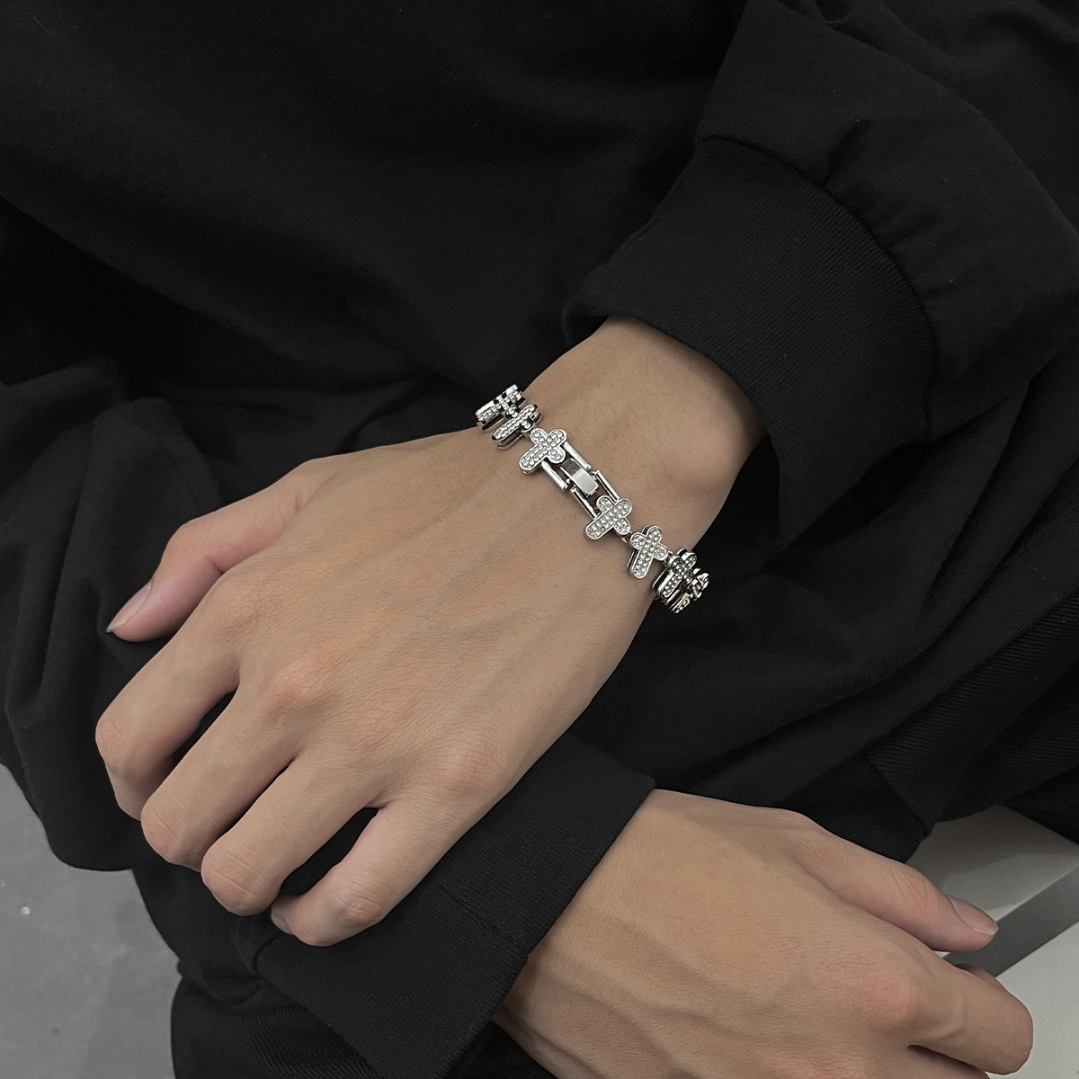 Pavé-Set Cross Silver Bracelet