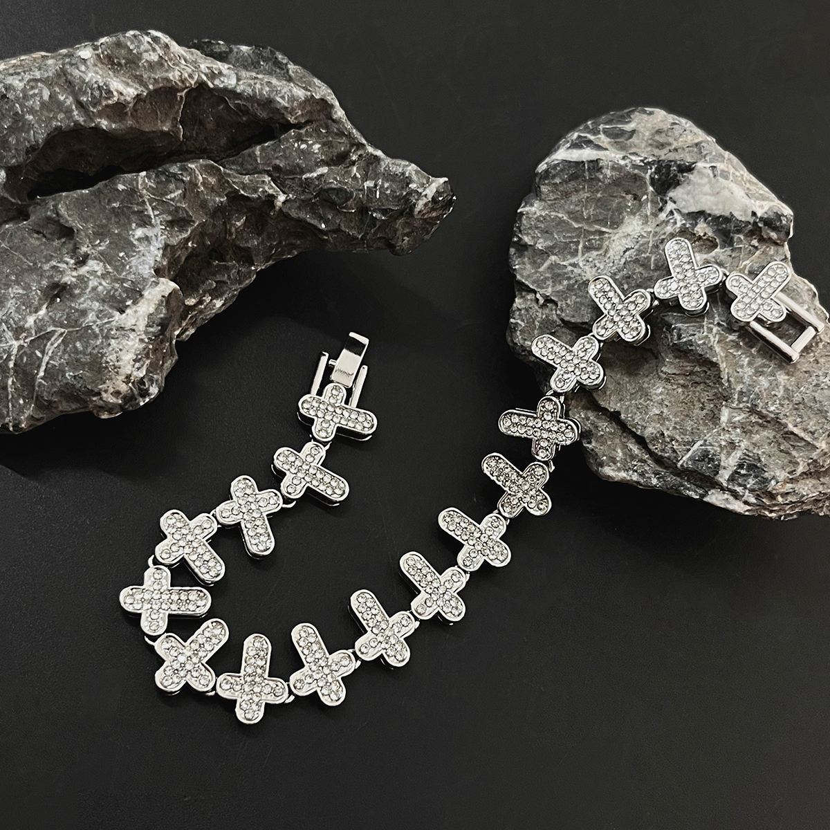 Pavé-Set Cross Silver Bracelet