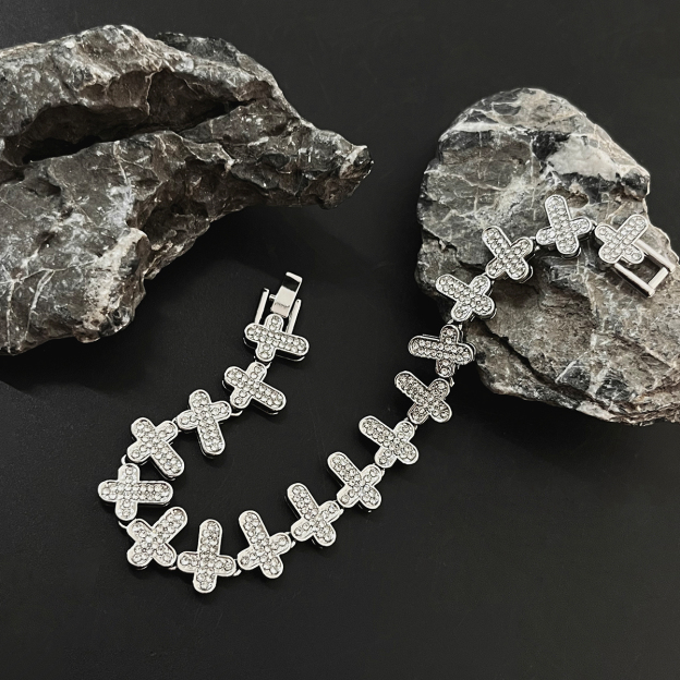 Pavé-Set Cross Silver Bracelet