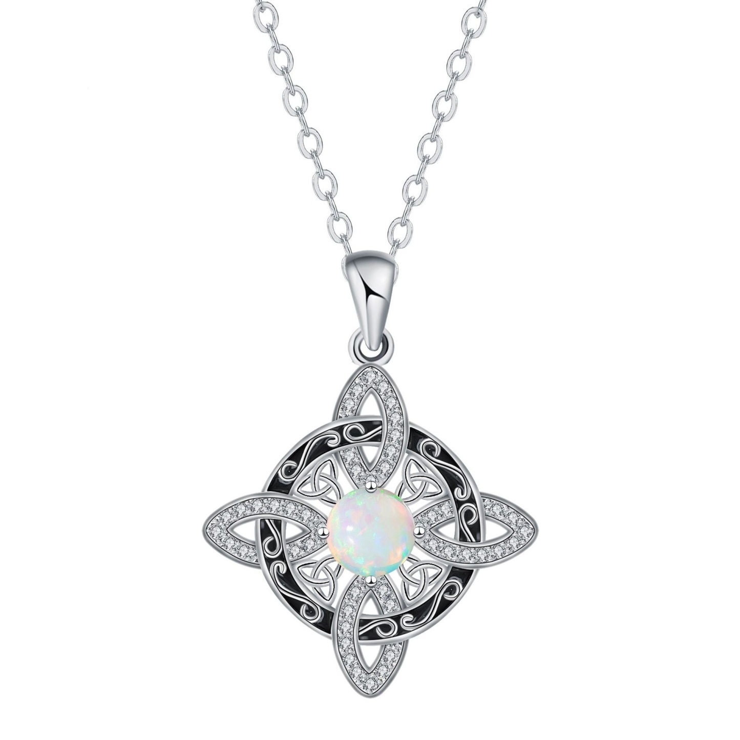 Iridescent Protection S925 Sterling Silver Opal Celtic Knot Necklace
