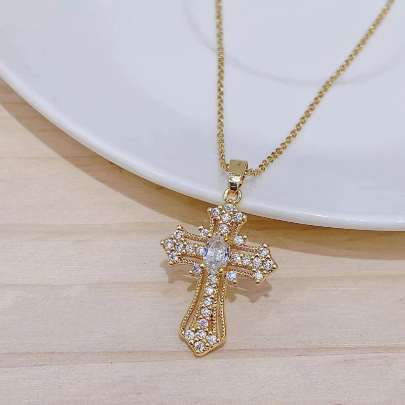 Luxurious Diamond-Inlaid Colored Gem Cross Necklace