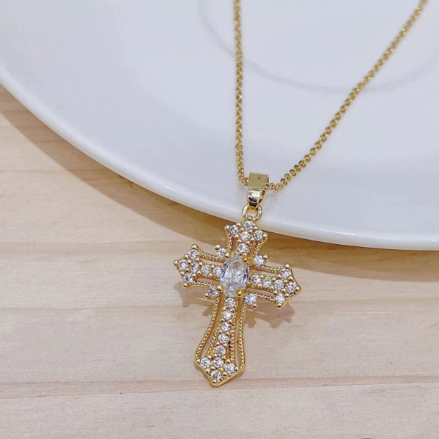 Luxurious Diamond-Inlaid Colored Gem Cross Necklace
