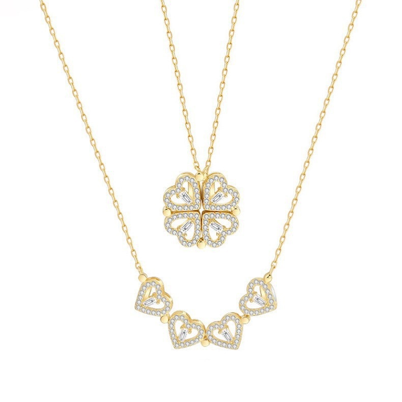Transformable Four - Leaf Clover Heart Diamond - Inlaid Necklace (Gold/Silver Version)