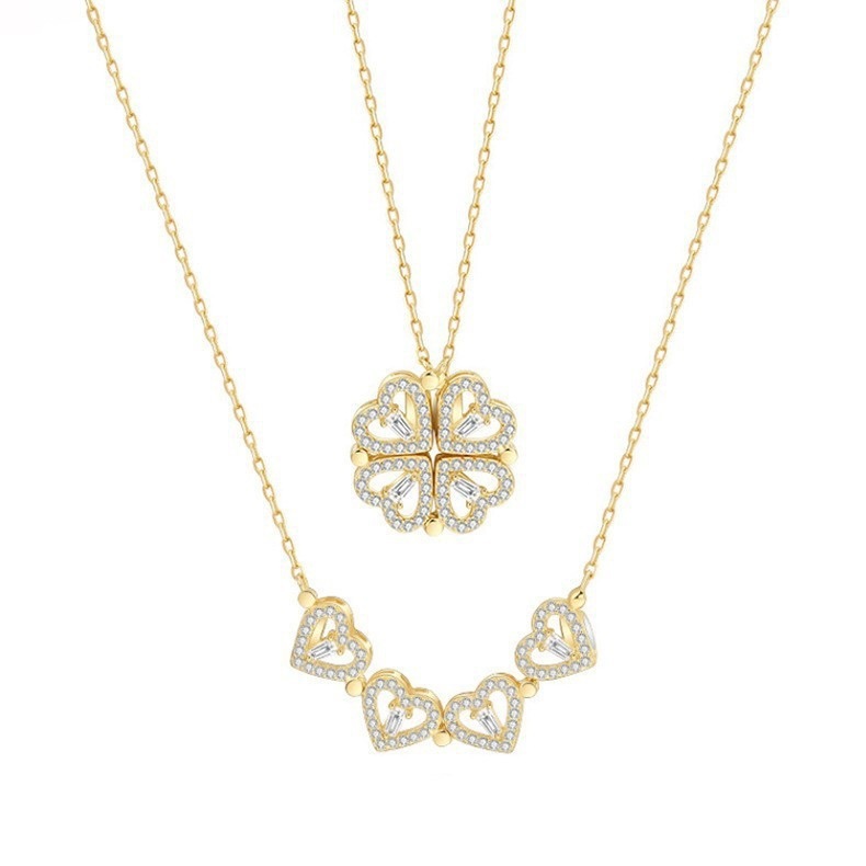 Transformable Four - Leaf Clover Heart Diamond - Inlaid Necklace (Gold/Silver Version)