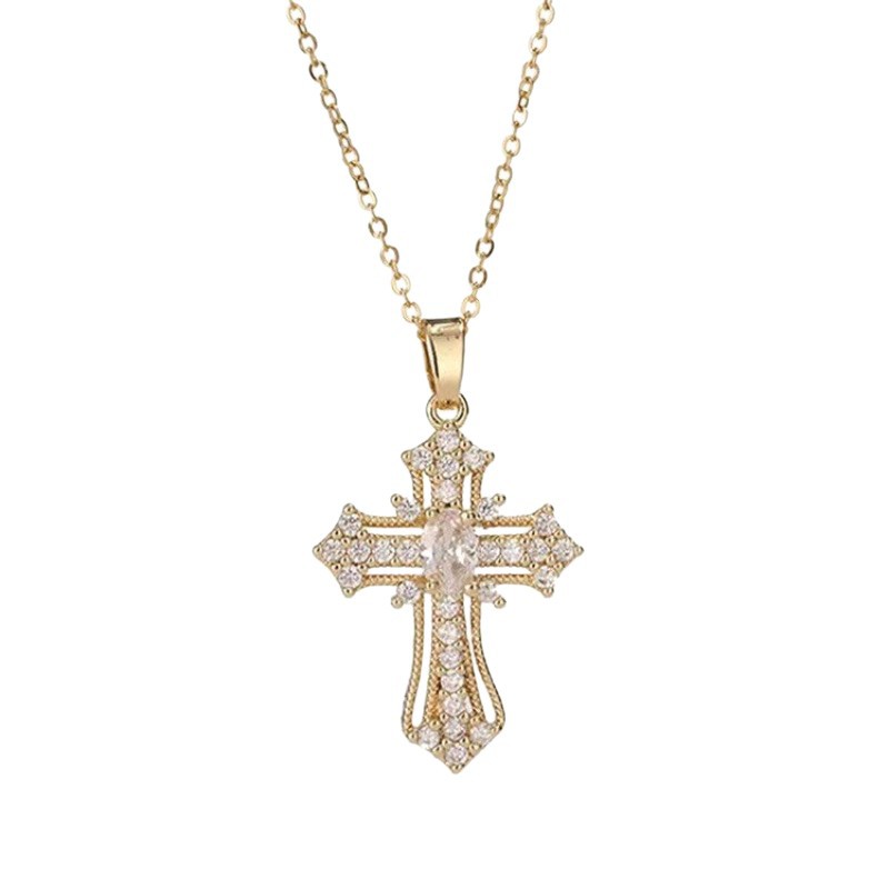 Luxurious Diamond-Inlaid Colored Gem Cross Necklace