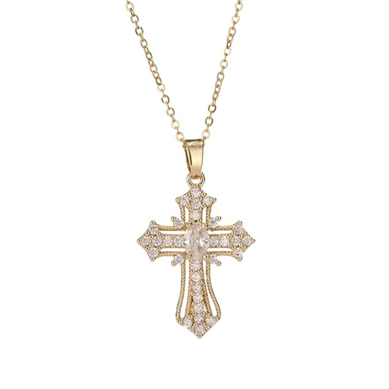 Luxurious Diamond-Inlaid Colored Gem Cross Necklace