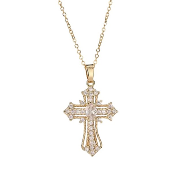 Luxurious Diamond-Inlaid Colored Gem Cross Necklace