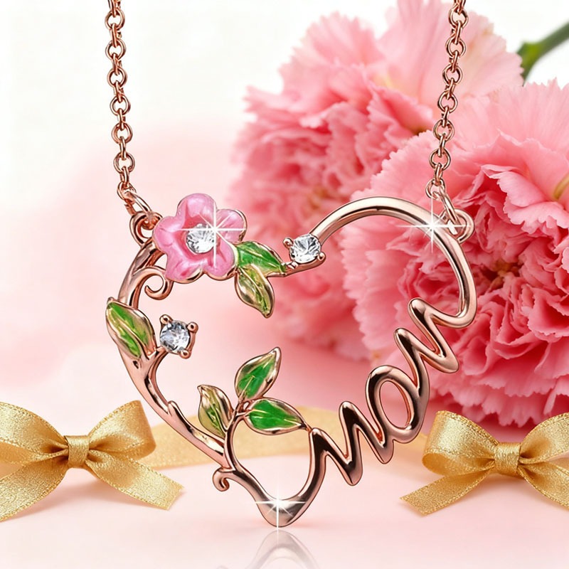 Heart & Bloom S925 Rose Gold-Plated Mom Heart Floral Enamel Necklace