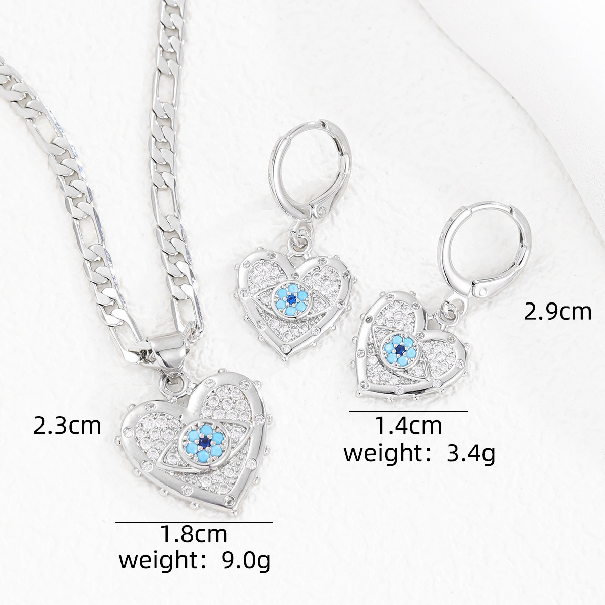 Evil Eye Guardian Heart Pave Diamond Necklace Earrings Set