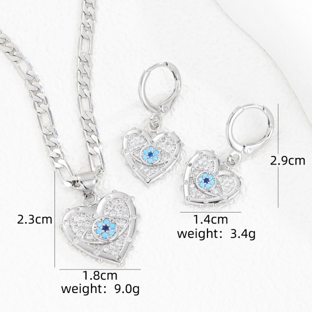 Evil Eye Guardian Heart Pave Diamond Necklace Earrings Set