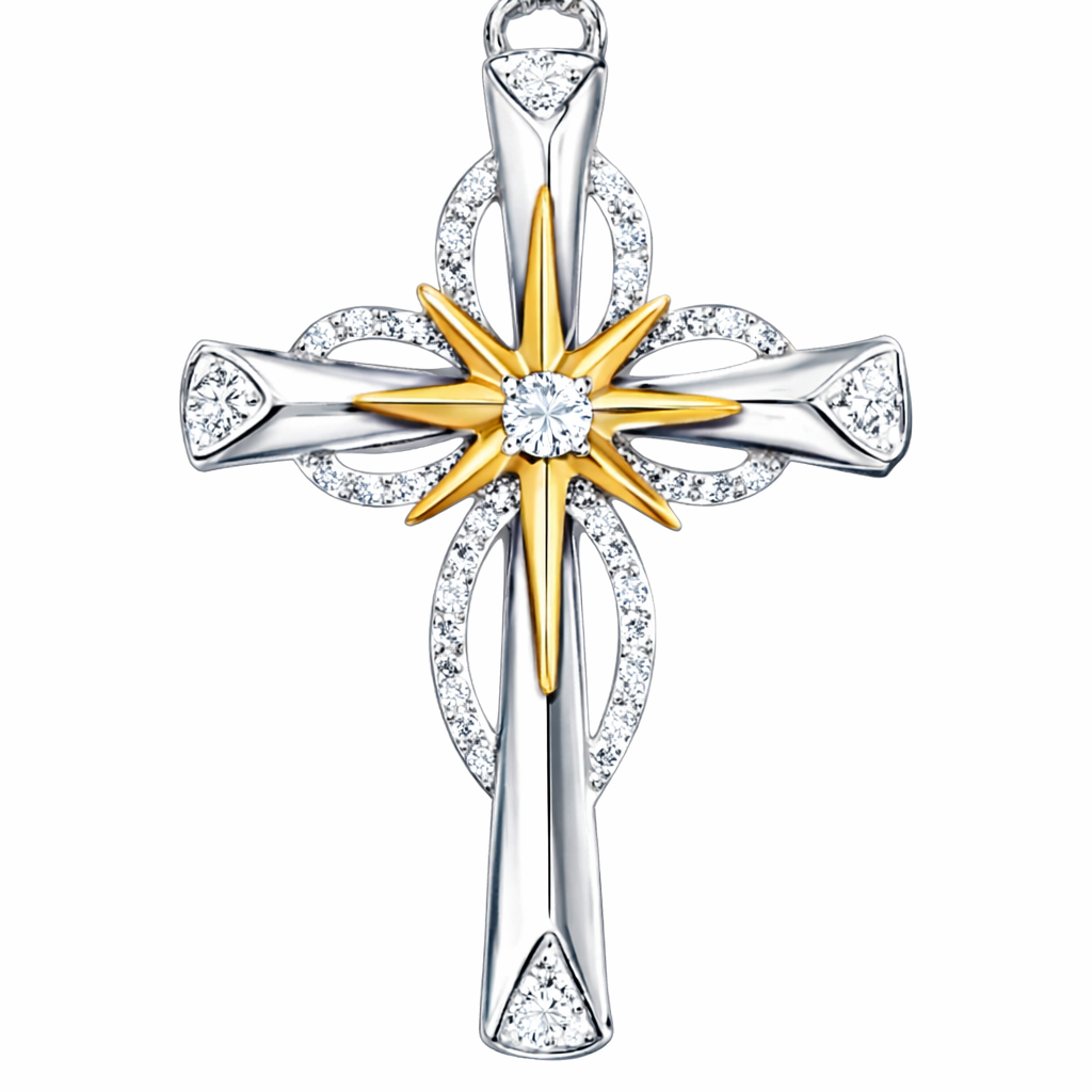 Starburst Holy Cross Two-Tone Diamond Cross Pendant Necklace｜Faith & Elegance Neck Guardian