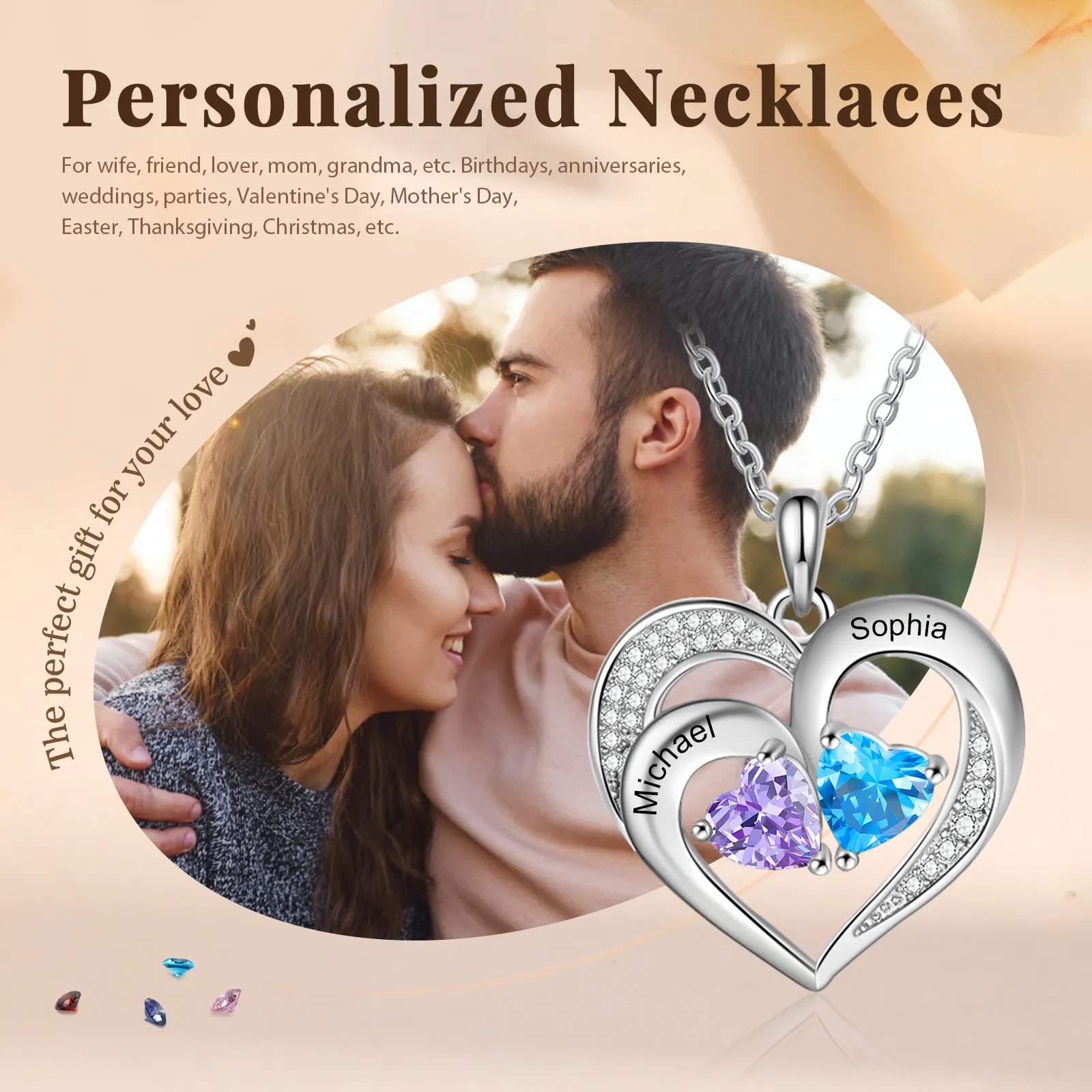 Personalisierte Herz-Halskette mit 2 Namena und 2 Herz-Geburtssteinen