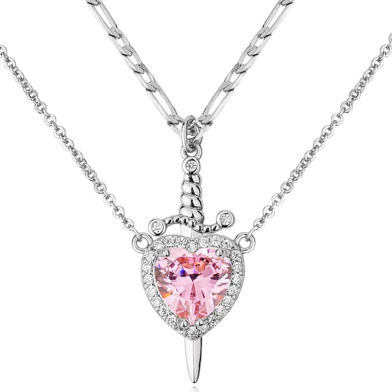 Sword - Heart Double - Layer Cuban Link Necklace (Gold/Silver, Multi - Gem Version)