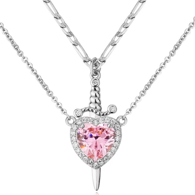 Sword - Heart Double - Layer Cuban Link Necklace (Gold/Silver, Multi - Gem Version)