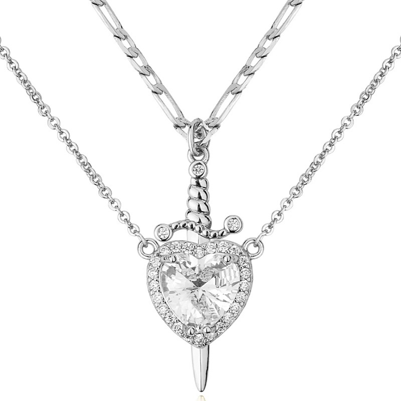 Sword - Heart Double - Layer Cuban Link Necklace (Gold/Silver, Multi - Gem Version)