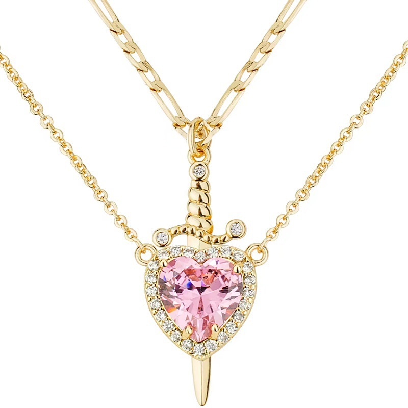 Sword - Heart Double - Layer Cuban Link Necklace (Gold/Silver, Multi - Gem Version)