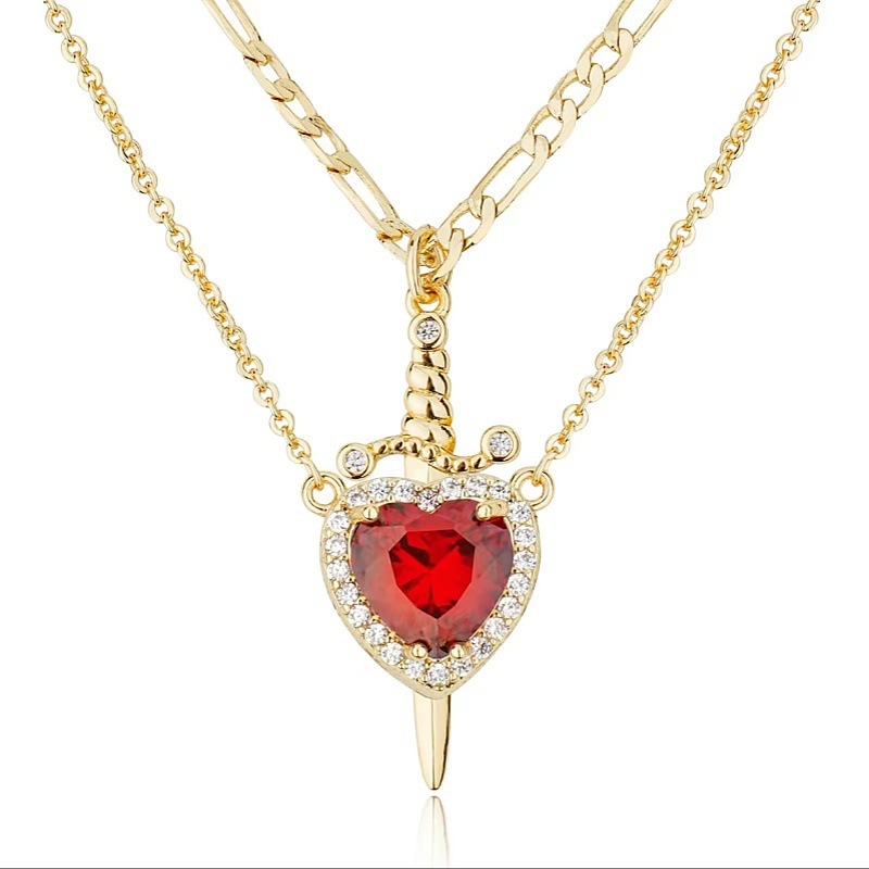 Sword - Heart Double - Layer Cuban Link Necklace (Gold/Silver, Multi - Gem Version)