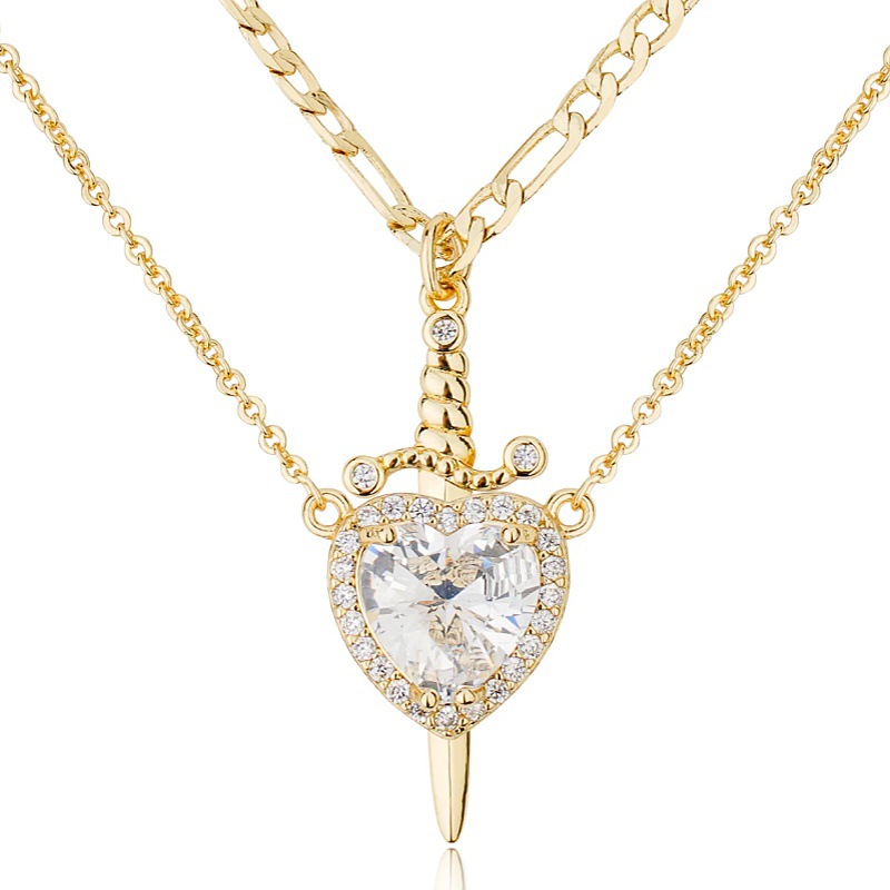 Sword - Heart Double - Layer Cuban Link Necklace (Gold/Silver, Multi - Gem Version)