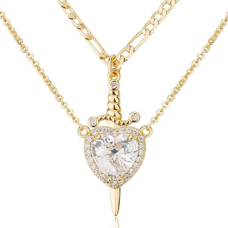 Sword - Heart Double - Layer Cuban Link Necklace (Gold/Silver, Multi - Gem Version)