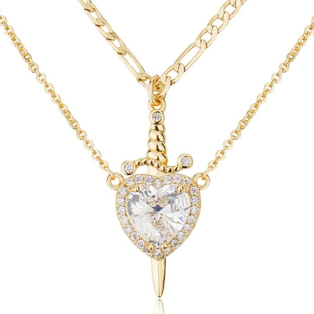 Sword - Heart Double - Layer Cuban Link Necklace (Gold/Silver, Multi - Gem Version)