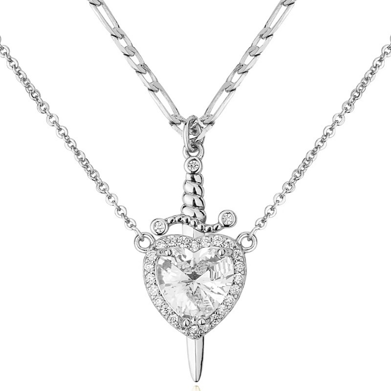 Sword - Heart Double - Layer Cuban Link Necklace (Gold/Silver, Multi - Gem Version)