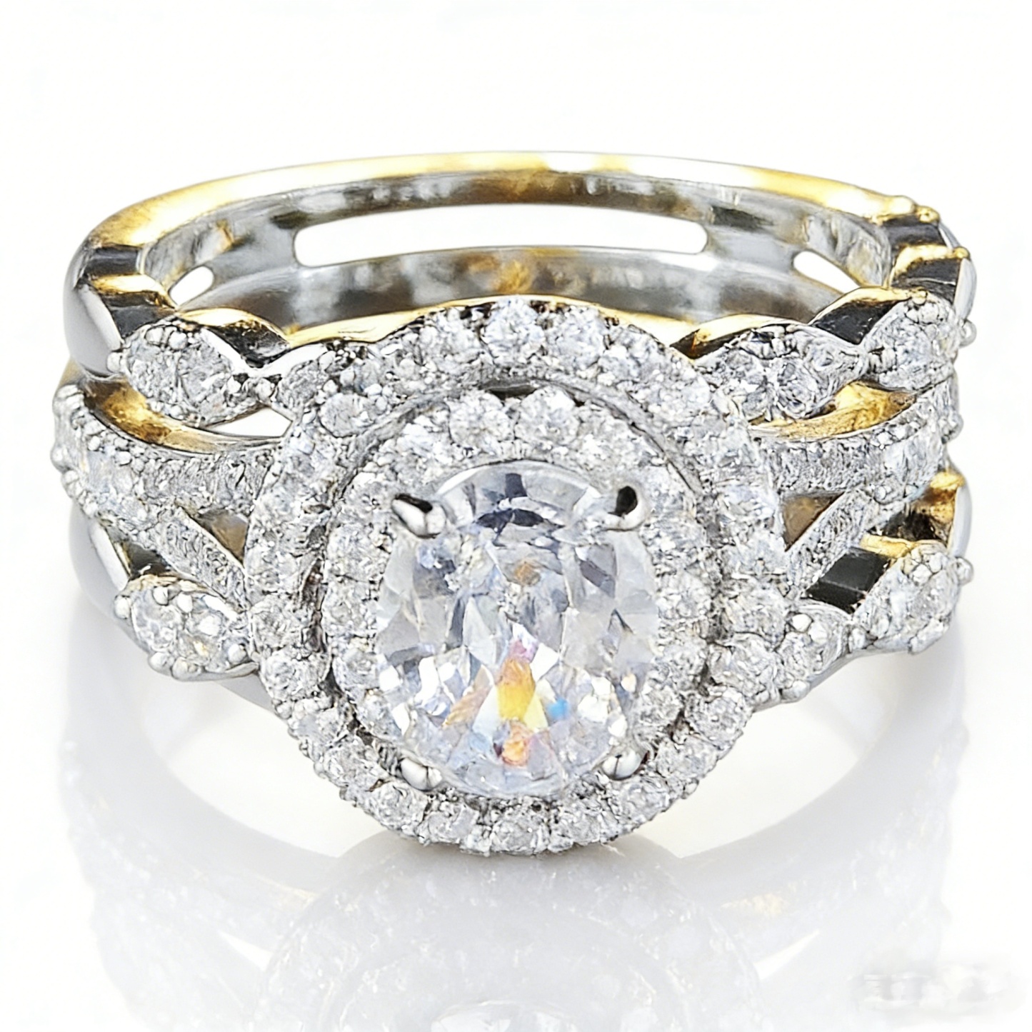 Luxury Halo Moissanite 925 Silver Bridal Ring Set – 2-in-1 Stackable Design