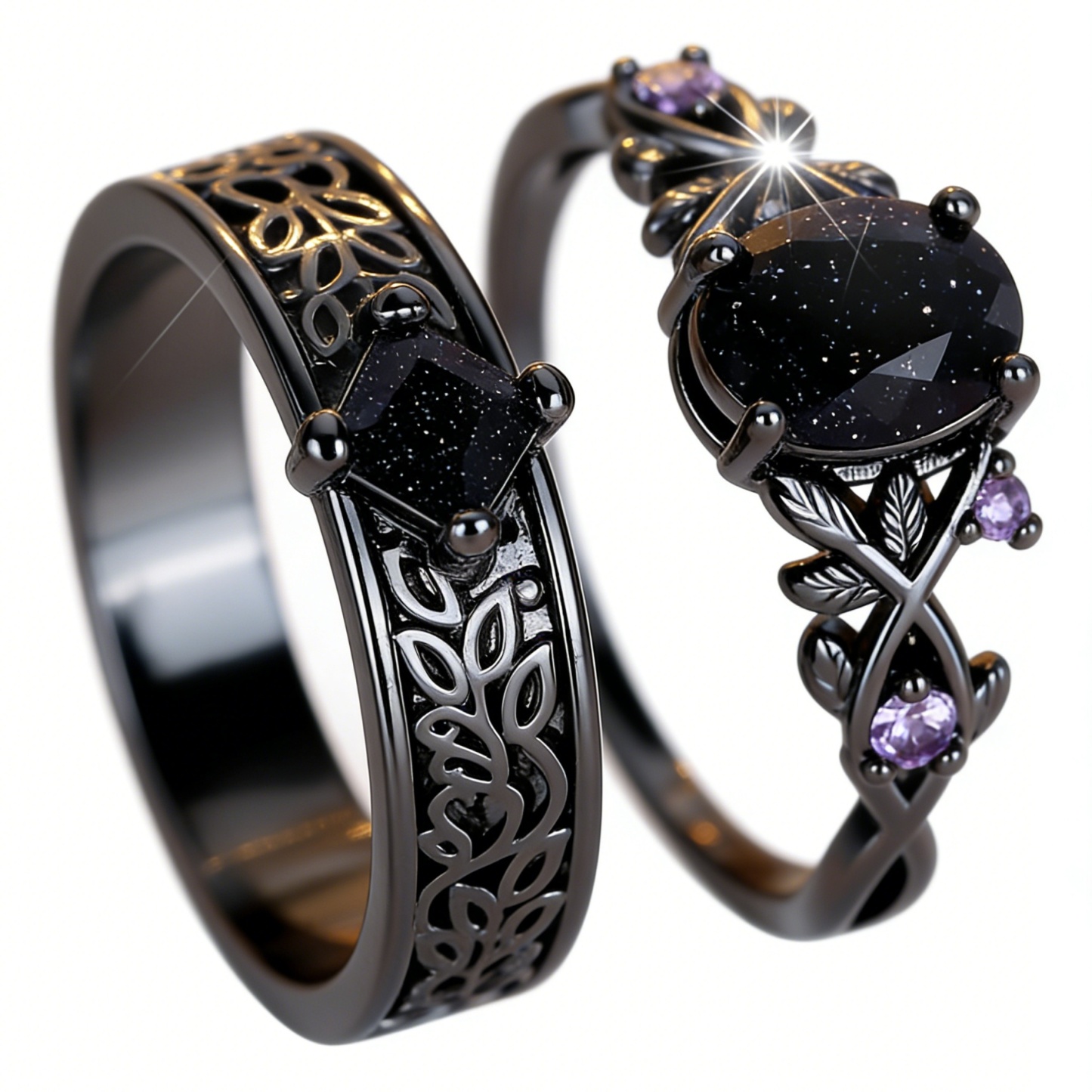 Opal Dreamscape Black-Plated Opal/Stardust Couple Ring Set
