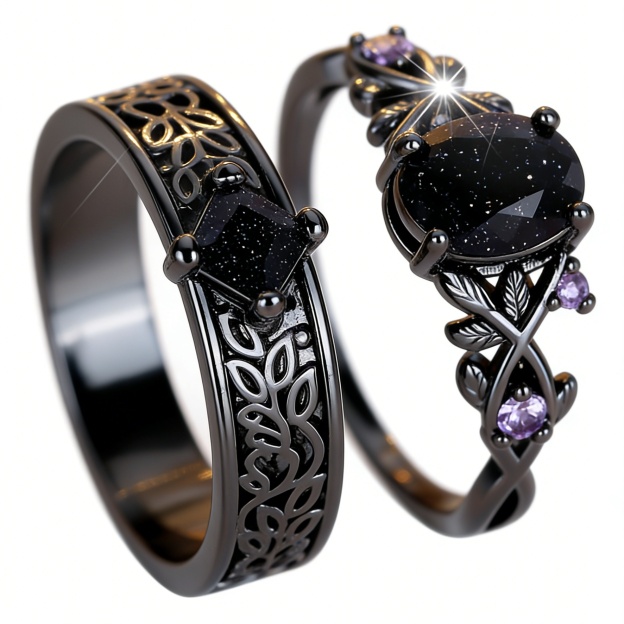 Opal Dreamscape Black-Plated Opal/Stardust Couple Ring Set