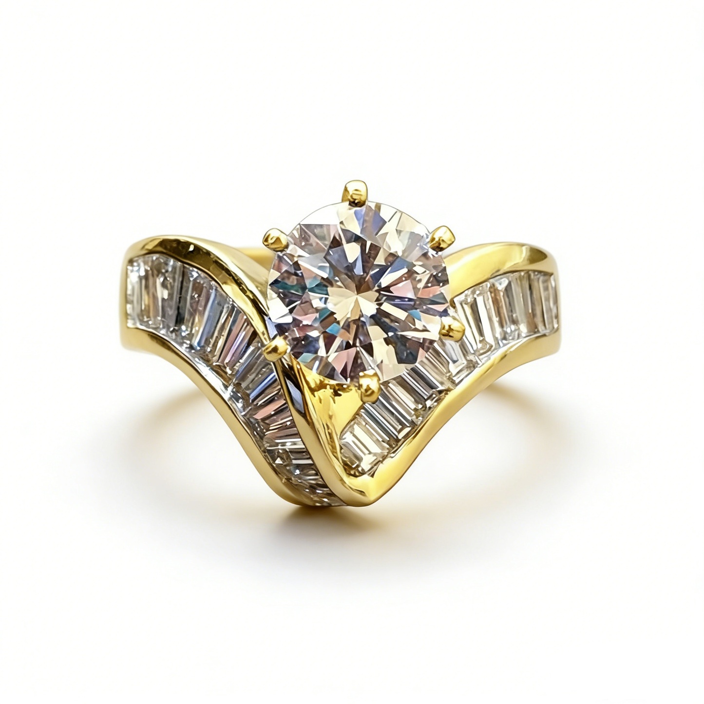 Two-Tone Starburst 18K Gold Six-Prong Center Baguette Ring