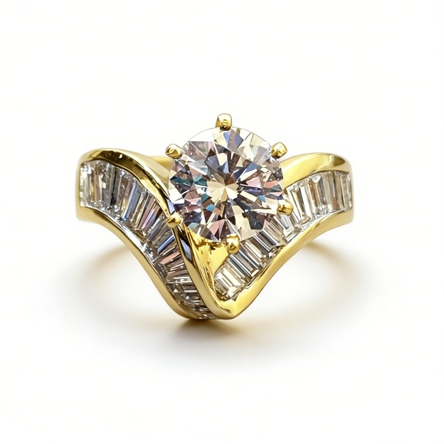 Two-Tone Starburst 18K Gold Six-Prong Center Baguette Ring