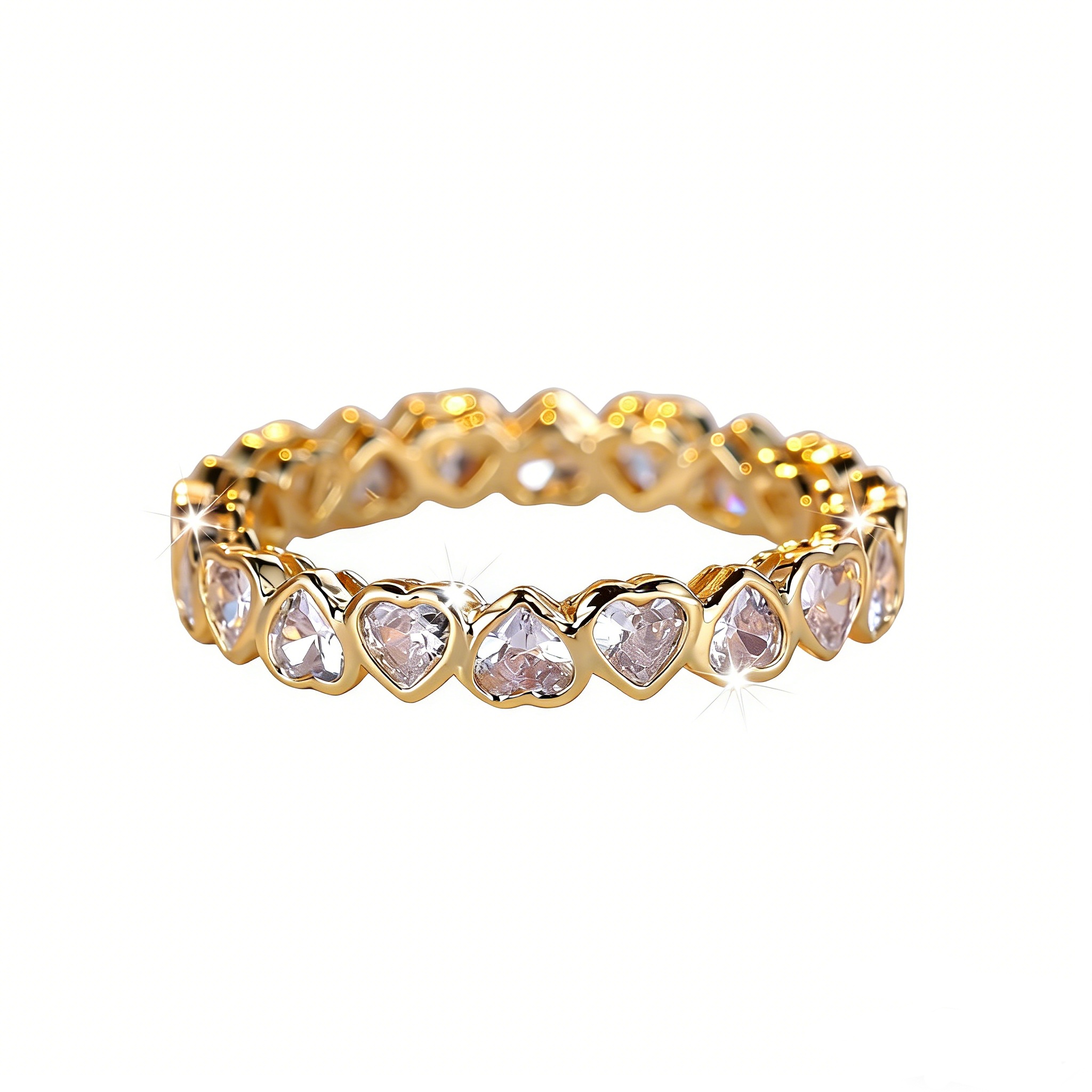 Eternal Heart Eternity Band S925 Sterling Silver Gold-Plated Full Heart-Cut Diamond Ring