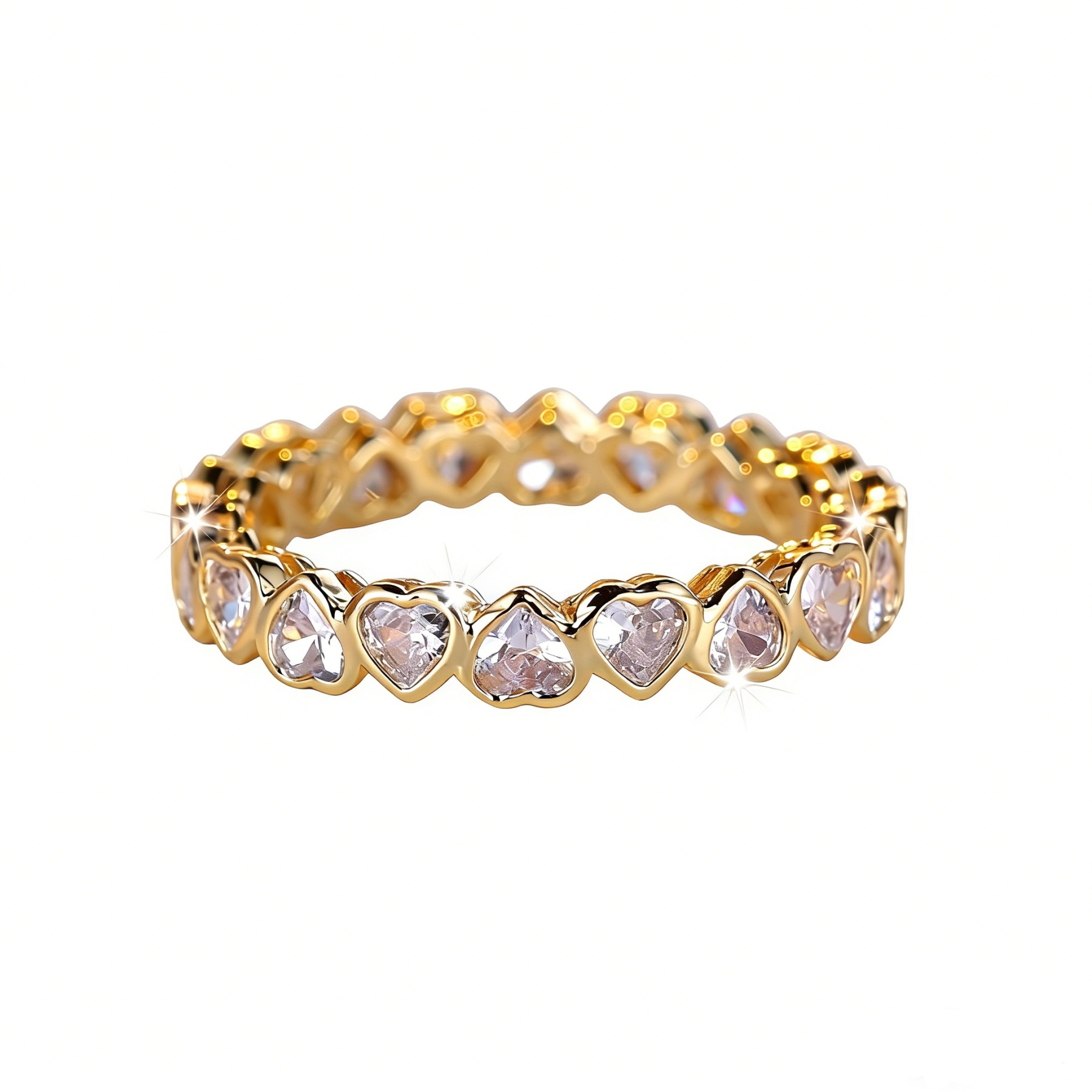 Eternal Heart Eternity Band S925 Sterling Silver Gold-Plated Full Heart-Cut Diamond Ring