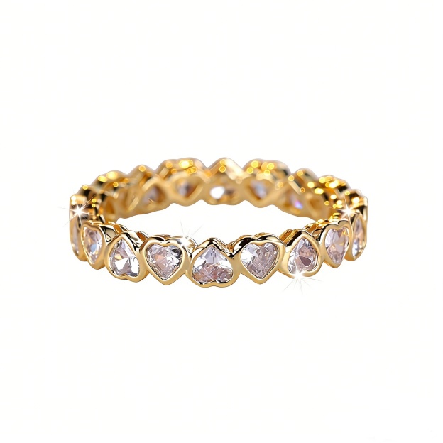 Eternal Heart Eternity Band S925 Sterling Silver Gold-Plated Full Heart-Cut Diamond Ring