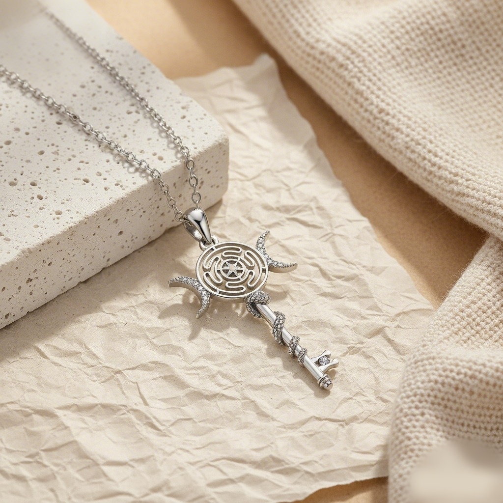 Hekate Magic Key S925 Sterling Silver Moon Labyrinth Snake Key Necklace Timeless Witchy Ward Mystic Power