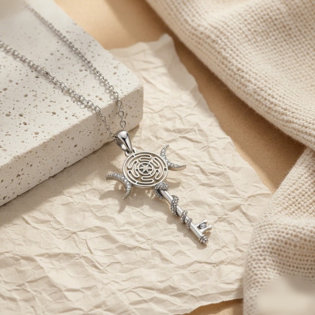 Hekate Magic Key S925 Sterling Silver Moon Labyrinth Snake Key Necklace Timeless Witchy Ward Mystic Power