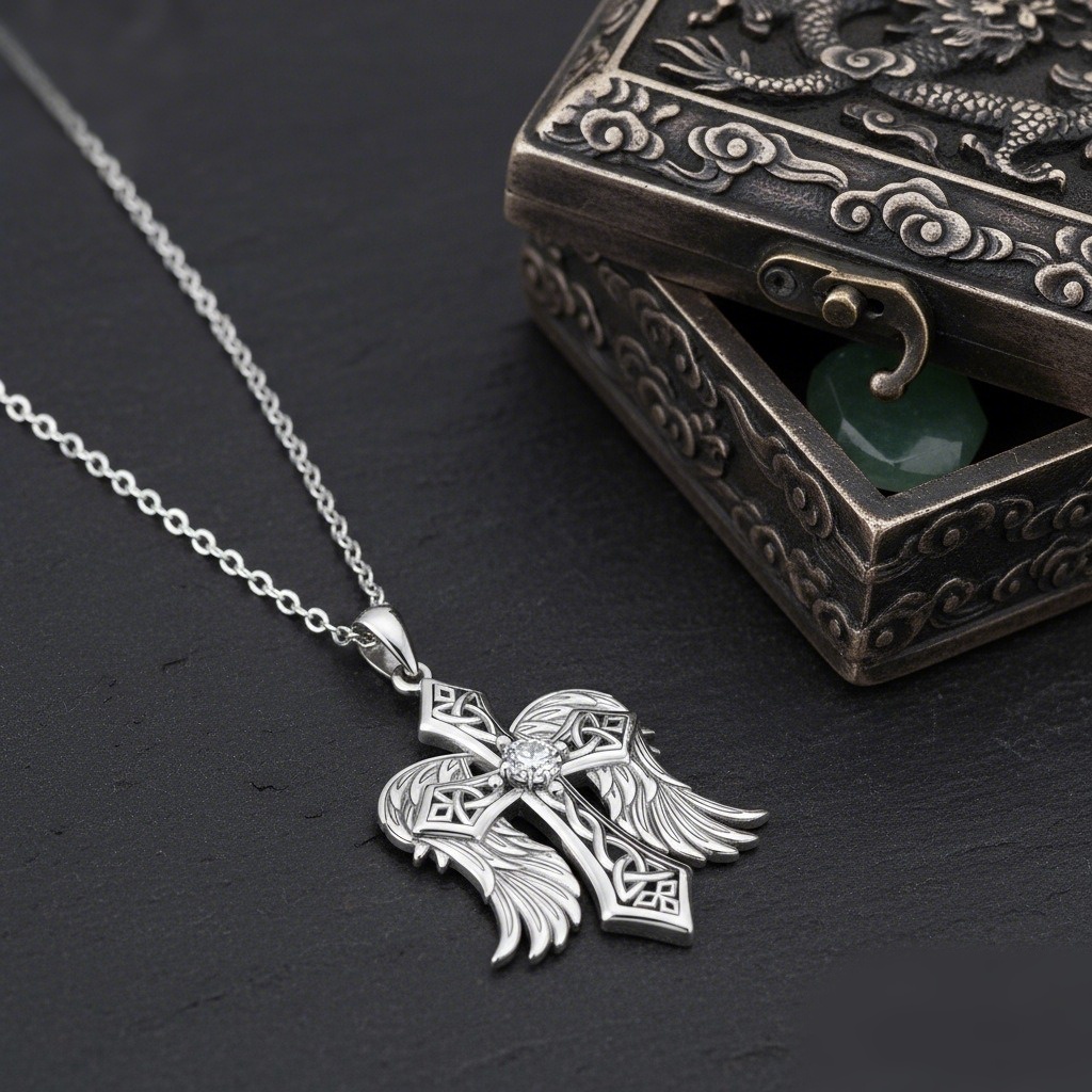 Angel Wings S925 Sterling Silver Celtic Cross Necklace