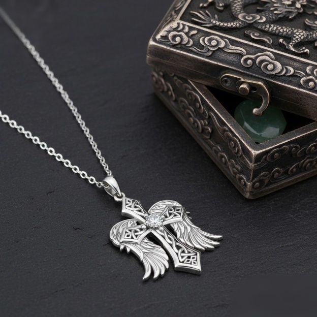 Angel Wings S925 Sterling Silver Celtic Cross Necklace