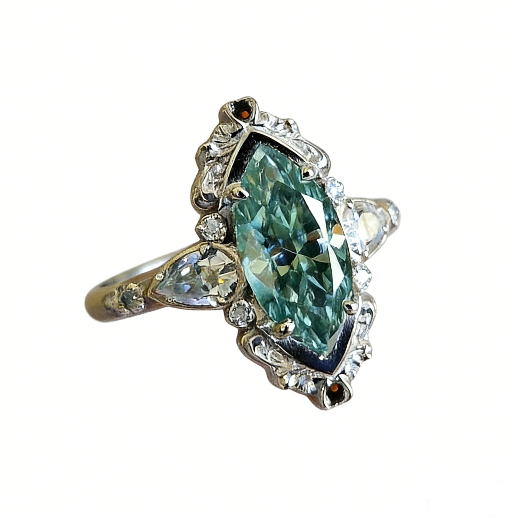 Whisper of the Forest S925 Sterling Silver Marquise Green Diamond Vintage Ring