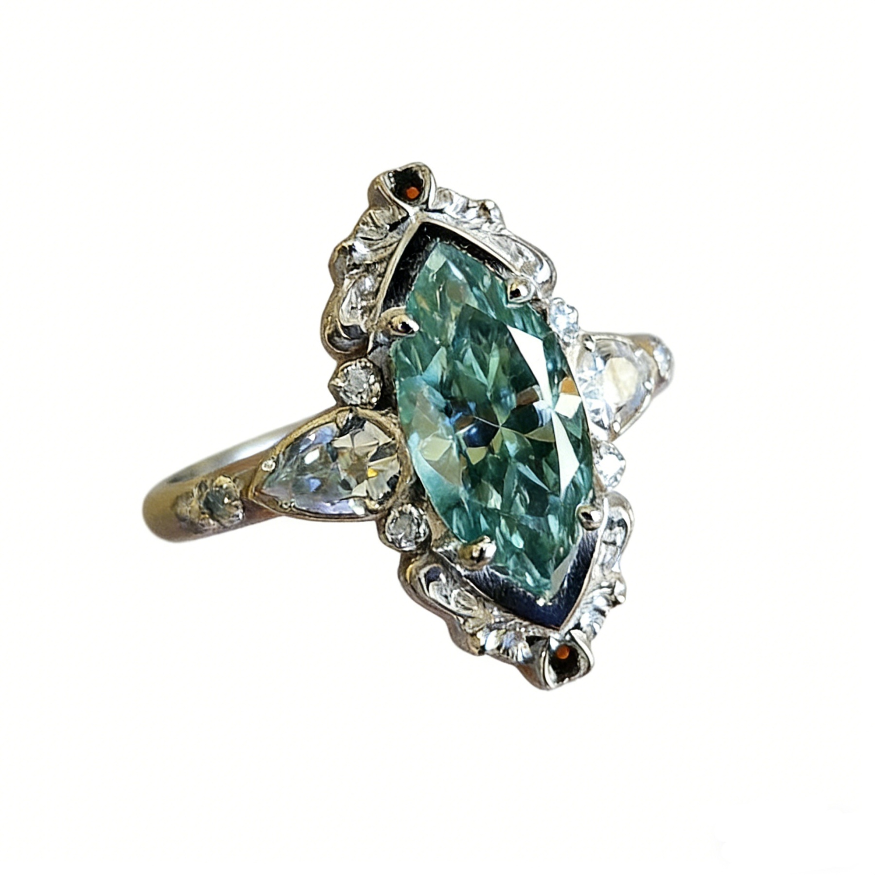 Whisper of the Forest S925 Sterling Silver Marquise Green Diamond Vintage Ring