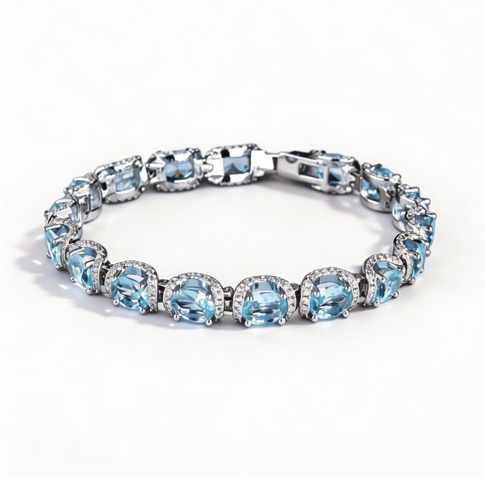 Ocean Blue Elegance 18K White Gold Aquamarine Halo Diamond Bracelet