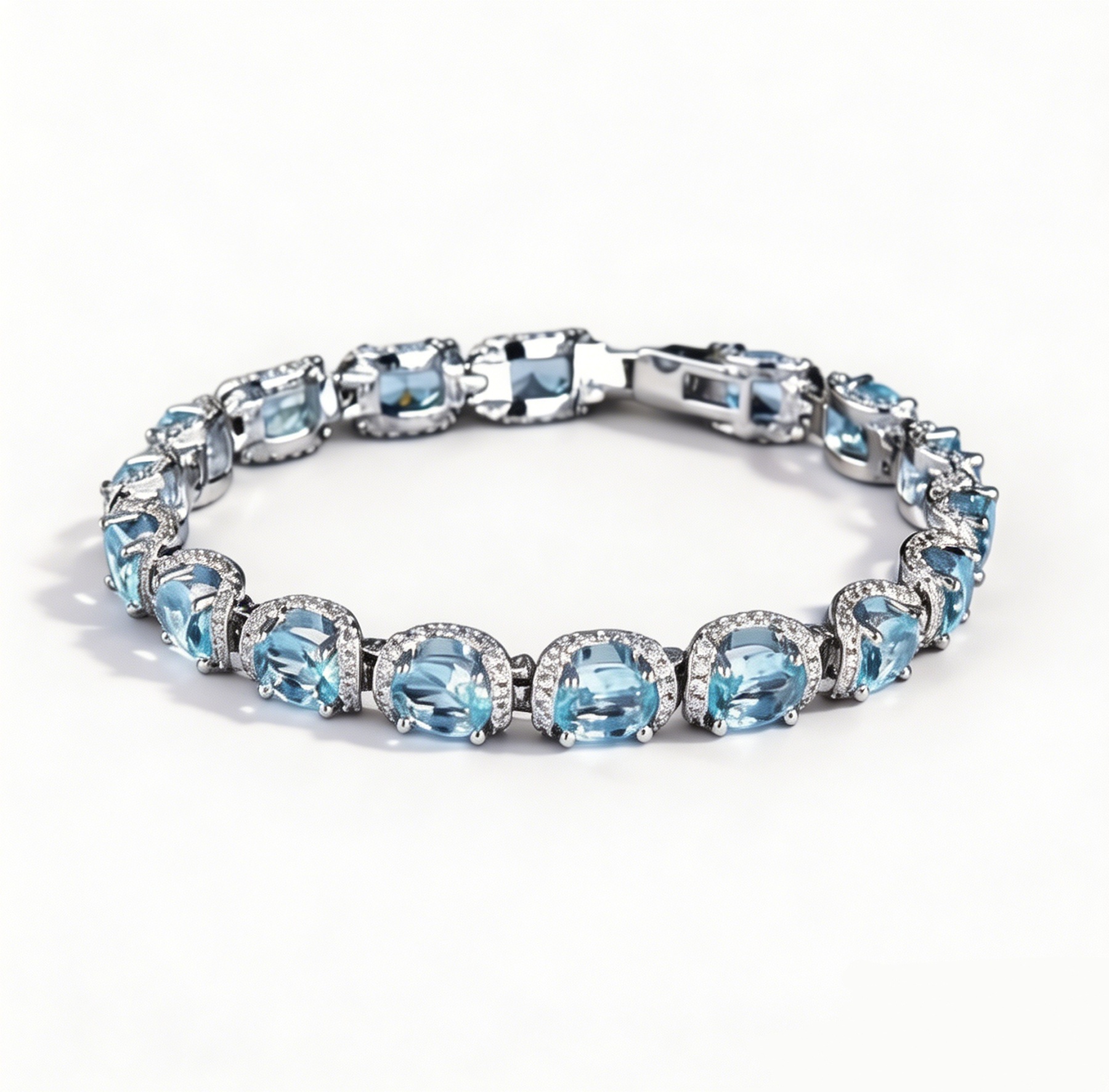 Ocean Blue Elegance 18K White Gold Aquamarine Halo Diamond Bracelet