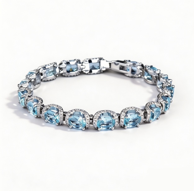 Ocean Blue Elegance 18K White Gold Aquamarine Halo Diamond Bracelet