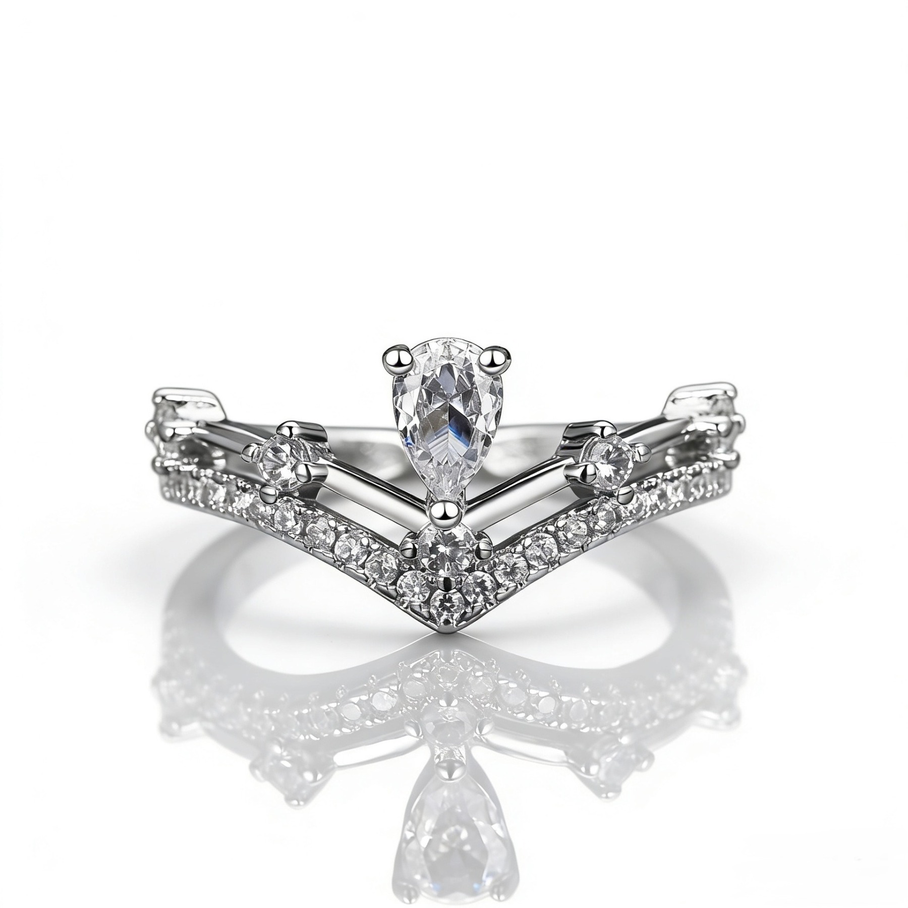「Luminous Crown」S925 Sterling Silver Pear Cut V-Shape Ring