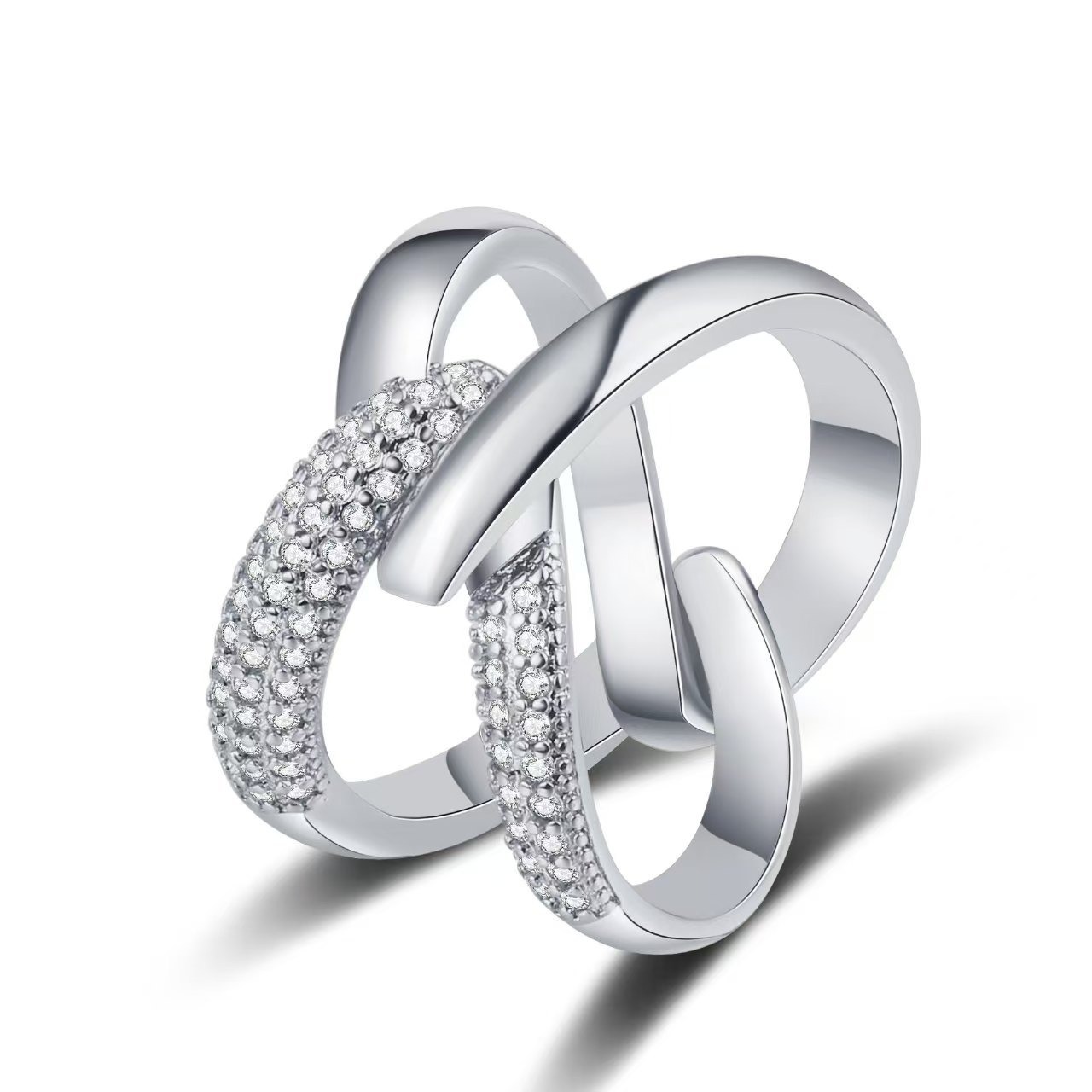 Intertwined Starburst Sterling Silver Diamond Double-Band Ring｜Two-Tone Texture for Daily Elegance