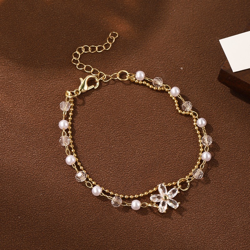 Gilded Flower Whisper 18K Gold Pearl & Crystal Double-Layer Bracelet