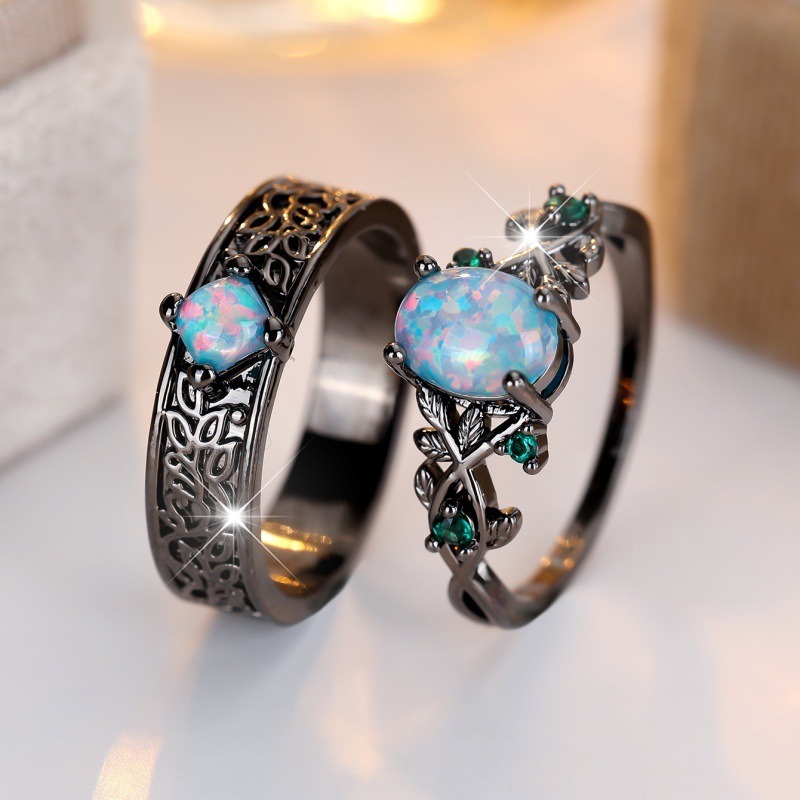 Opal Dreamscape Black-Plated Opal/Stardust Couple Ring Set