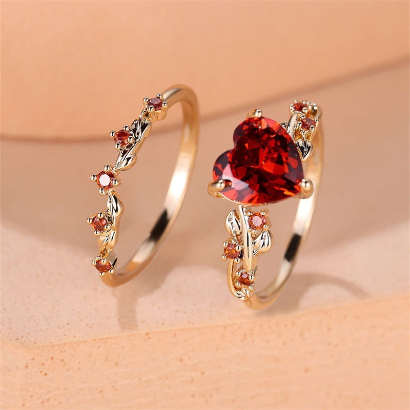Multi-Color Heart Gemstone Vine Ring Set - Women's Light Luxury Romantic Diamond-Encrusted Accessory