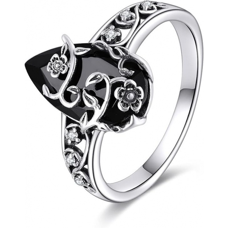 Obsidian Guardian Blossom S925 Sterling Silver Protection Ring Timeless Protective Elegance