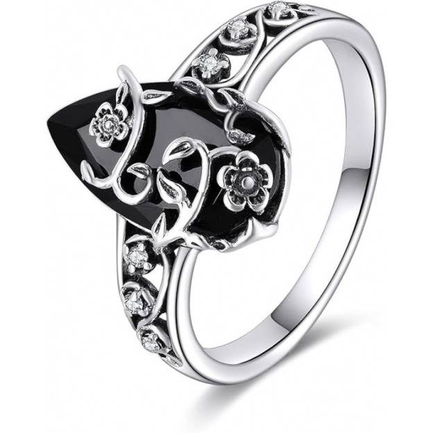 Obsidian Guardian Blossom S925 Sterling Silver Protection Ring Timeless Protective Elegance