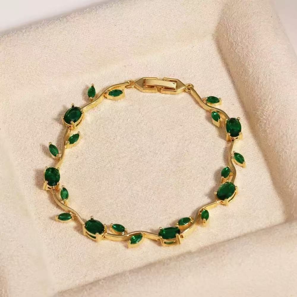 Spring Sprig Gemstone Two-Tone Leaf Bracelet